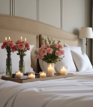 a bed with candles and candles on a tray