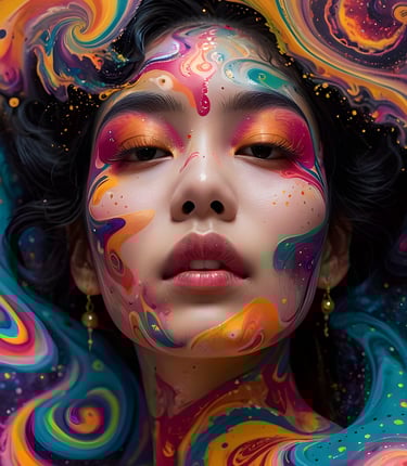 serene woman surrounded by swirls of colorful paint