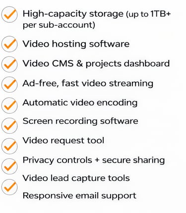 A checklist of video hosting software features including 1TB storage, CMS, and lead capture tools.