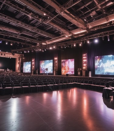 A vibrant event setup showcasing decorations and guests.