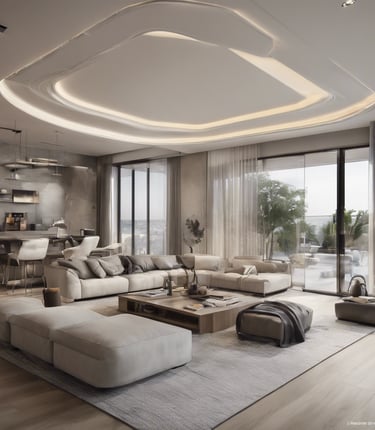 A cityscape with a real estate sign in the foreground, prominently displaying the name and phone number. Surrounding the sign are various buildings with different architectural styles, some with scaffolding and green netting. The scene features a mix of older, worn structures alongside modern glass-fronted buildings. Power lines and construction materials add to the urban complexity.