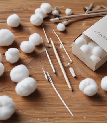 Close-up of soft cotton balls and eco-friendly packaging materials arranged on a wooden table.