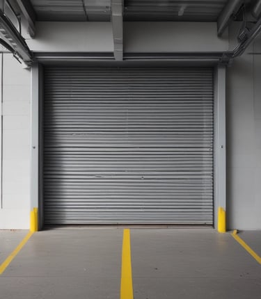 Two closed industrial roller shutter doors are mounted on a weathered, corrugated metal building. A notice sign is attached to the wall between the doors. The area shows signs of rust and aging, particularly on the lower part of the structure. The shadows cast indicate bright sunlight.