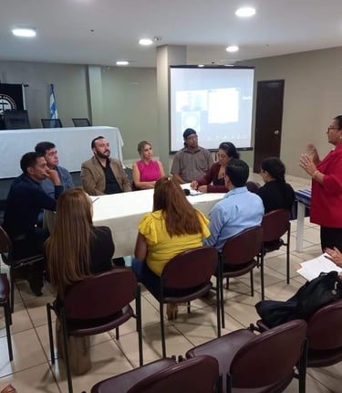 a group of people sitting around a table