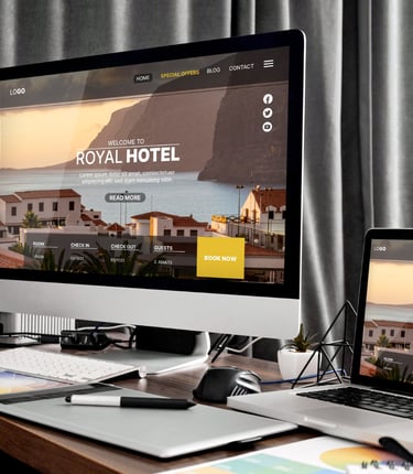 Web designer working on a modern, SEO-optimized website on a laptop, enhancing digital experiences f