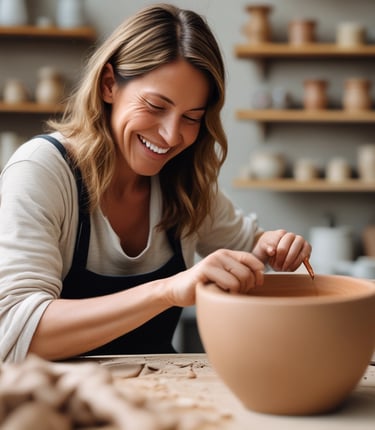 A handcrafted clay jug with a curved handle and unfinished surface rests on a pottery wheel. The background is slightly blurred, with hints of a workspace including an orange notebook.