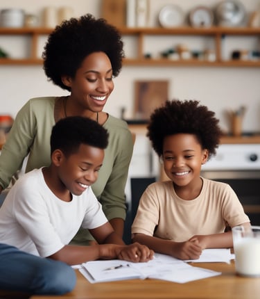 A family happily budgeting together at home.
