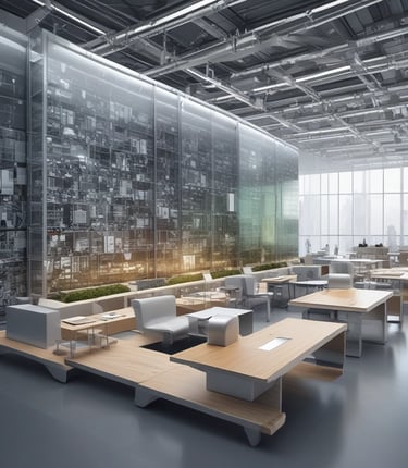 A team collaborating over digital devices in a modern office.