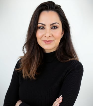 Shadow work integration coach, author, mystic LVF posing in a black turtle neck. She is a healer.