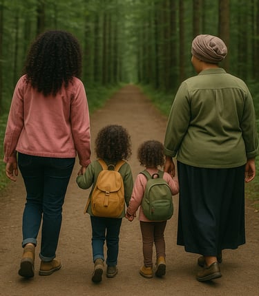 muslim mum, mixed race mum and two mixed race daughters walking in the woods with their back to us.