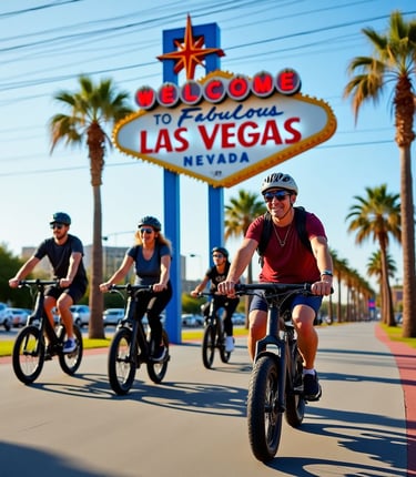 tourists riding bicycles in front of the vegas sign