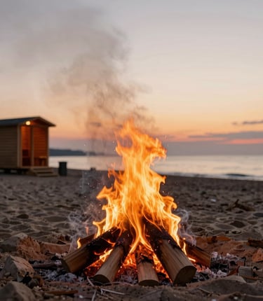 Cozy wooden sauna cabin nestled in a lush green forest setting.