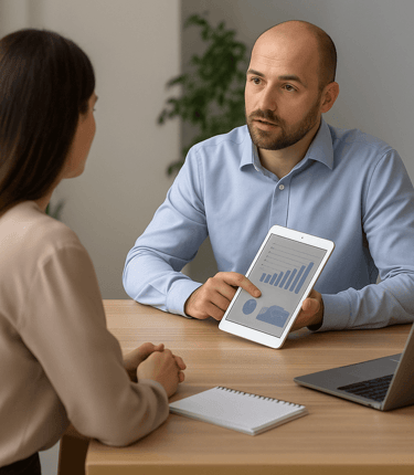 Du žmonės analizuoja verslo augimo diagramas.