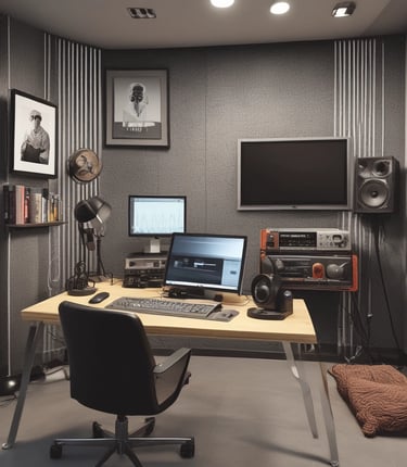 A modern podcast studio with professional microphone setups on a table surrounded by green and black office chairs. The room has acoustic foam on the walls for soundproofing and large square ceiling lights. The walls are predominantly adorned with decorative panels and some branding elements.