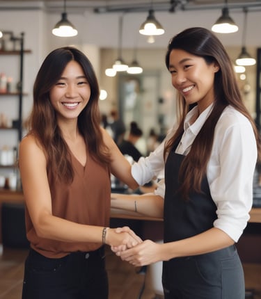 Hairstylist business owner with happy customer