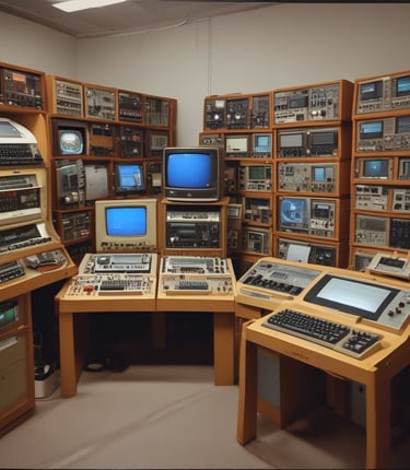 A collection of vintage computers and monitors displayed on a white shelving unit, accompanied by a variety of books neatly organized on the shelves. The top shelf features retro Apple computers and gadgets, including a webcam and a small figure. Below, books of different genres and topics line the shelves, with a few gaming controllers and a model motorcycle in the lower compartments.