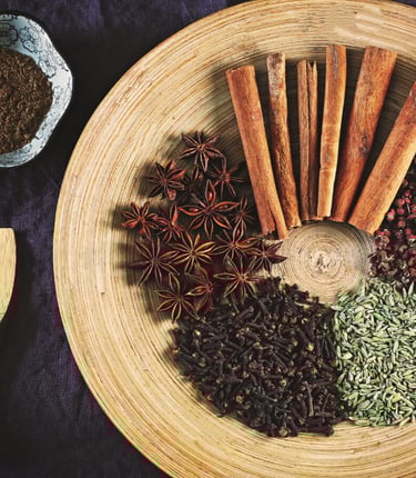 a bowl of spices and spices on a table