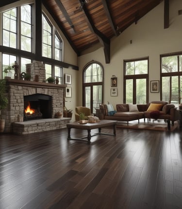 A beautifully arranged geometric wooden floor design featuring intricate patterns leading to a central octagonal shape. The wood has a light brown finish with visible grain, and the floor is supported by decorative columns with colorful accents. In the background, there are metal railings with detailed patterns, and a few trees and greenery are visible.