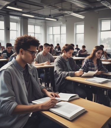 A classroom filled with students deeply focused on writing in their notebooks. The students, dressed uniformly, are seated in wooden desks lined in neat rows. The room is adorned with educational posters and has a large window allowing natural light to illuminate the space.