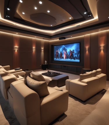 A spacious audio equipment showroom featuring a variety of high-end sound systems. Several tall speakers are aligned against the walls, displaying sleek wooden and metallic finishes. Electronics such as amplifiers and receivers are arranged on modern glass shelves, and a large, plush brown rug covers the floor. A sign on the left side suggests a focus on luxury electronics.
