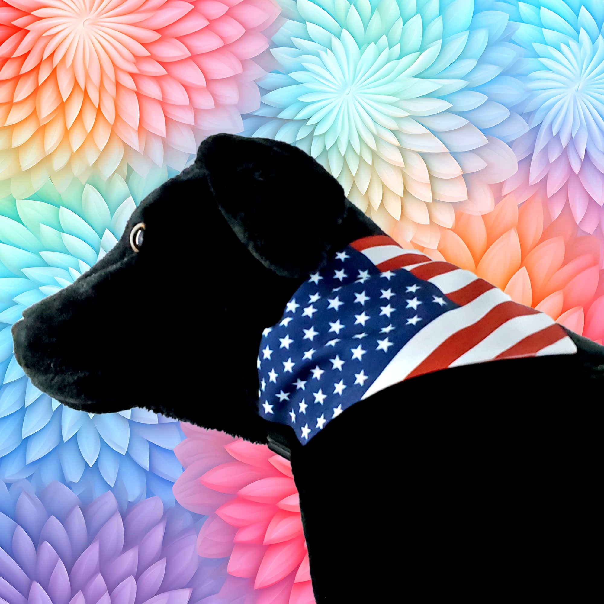 a dog wearing a bandanna with an American flag on it