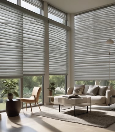 The sun is seen through vertical window blinds, casting shadows and creating a warm glow. The sunlight is diffused through the slats, and a soft gradient of light and shadow is present.