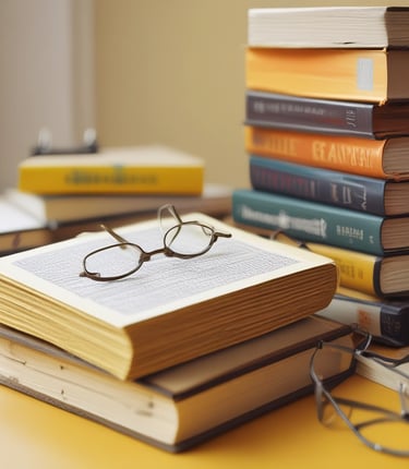 A stack of three mathematics textbooks is placed on a yellow surface, with a pair of black glasses resting on top. Nearby, a smartphone on a stand displays a calculator app showing the number pi. Various stationery items, including a pencil, eraser, and geometric tools, are also arranged nearby.
