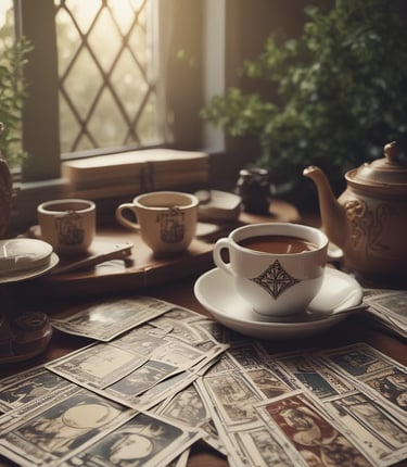 A pair of hands is positioned palms-up on a cloth featuring zodiac signs and a sun-like face. A stack of tarot cards, adorned with mystical symbols, rests on the cloth, surrounded by scattered blue glass beads.