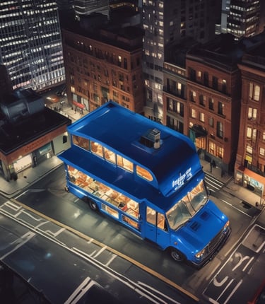 A vintage food truck painted light blue and white is parked outdoors. The truck is set up for business with an open service window displaying various items like baskets and condiments. A woman stands beside the truck wearing an apron. The surrounding area includes a small collection of wooden furniture and decorative items, likely indicating a market or outdoor gathering. Large trees and a building in the background suggest an urban setting.