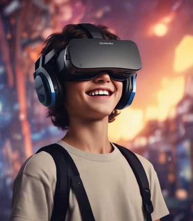 Virtual reality occulas 3 headset worn by 13 year old smiling boy against sci-fi background