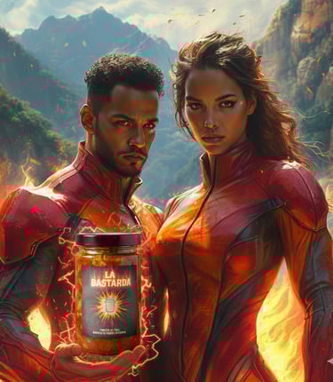 Dos Super Heroes sostienen el tarro de fermento de La bastarda .