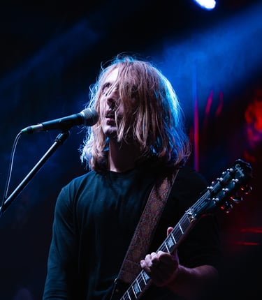 a man with a guitar and microphone in front of a microphone
