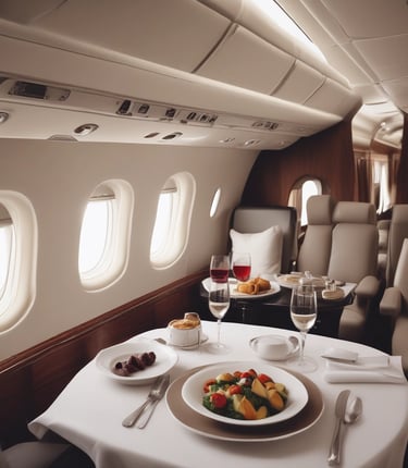 Create a fine dinning meal sitting on a table inside a private jet