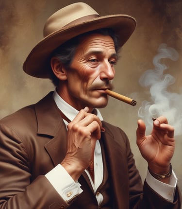 A person is sitting in a dimly lit indoor setting, holding a cigar. The background features wooden panels and mirrors, suggesting a lounge or a sophisticated bar environment. The atmosphere appears relaxed and introspective.
