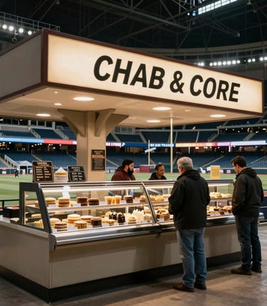 Aerial view of a sprawling urban development with a mix of commercial and residential buildings. Central open space with a circular design, surrounded by brick facades and multiple streets with cars and greenery. Highway visible in the distance along with a dense tree line.