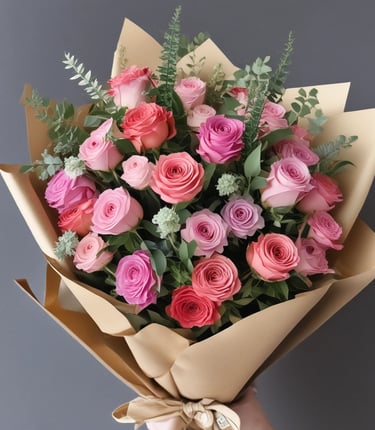 A hand holds a small plastic container filled with fresh green microgreens, with a thin layer of white roots visible at the bottom. The container is open, and the background features a wooden surface that suggests a kitchen or dining area.