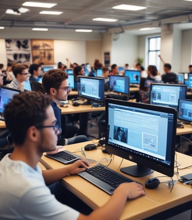A modern classroom with students engaged in coding lessons.