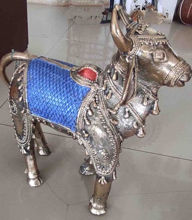 "Handcrafted brass standing bull–blue patterned tribal decor-Export-oriented"