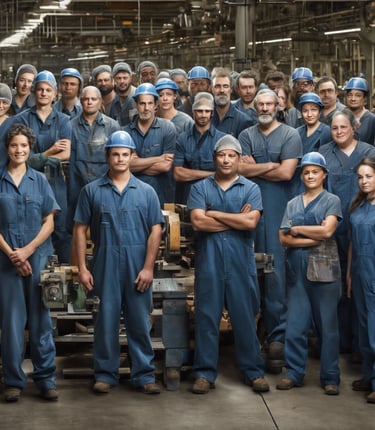 a group of workers in blue overalls and blue overalls