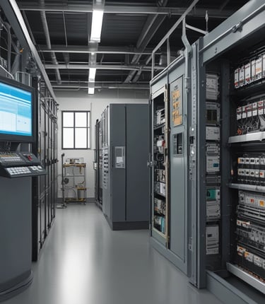 A large industrial factory setting with heavy machinery and equipment. Several workers are engaged with the machines, appearing to be operating or maintaining them. The scene is dimly lit, with numerous overhead lights leading into the distance. The machinery is robust and complex, indicating a heavy manufacturing process.