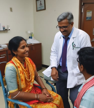 A warm consultation scene between a cardiologist and a patient in a bright, welcoming clinic room.