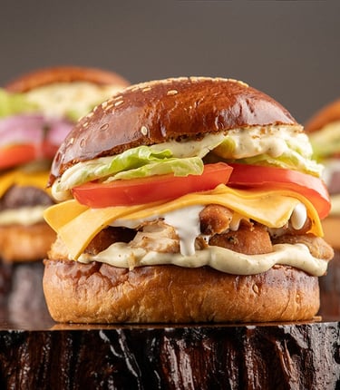 hamburger burger com tomate, alface, frango, queijo e maionese caseira