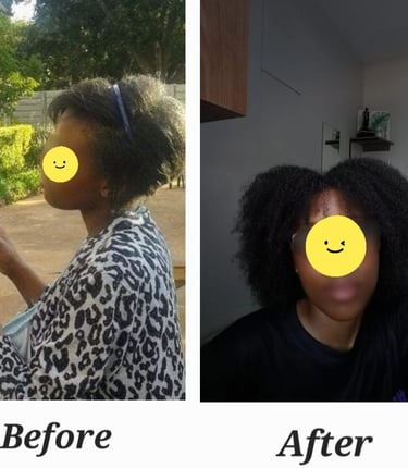 a woman with a smile face and showing her hair growth