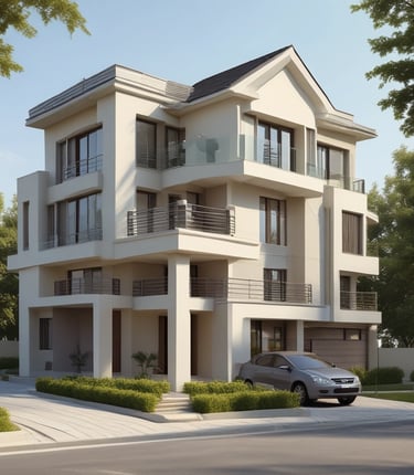 A group of people dressed in formal attire are standing in front of a real estate office. The storefront displays a large sign with an URL and various social media icons, and text in a foreign language. The group mostly consists of men in white shirts and dark trousers, standing in a straight line, with two women at either end of the row.