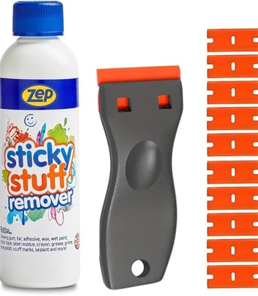 Zep Sticky Stuff Remover bottle with a plastic scraper tool and replacement blades.