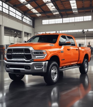 A weathered, vintage pickup truck with a rusted blue and brown exterior is prominently displayed in an indoor showroom. The truck has shiny chrome wheels and is parked among modern vehicles, including a white SUV and a black truck. A 'For Sale' sign is placed on the windshield, and the venue features industrial ceilings with visible beams and lighting.
