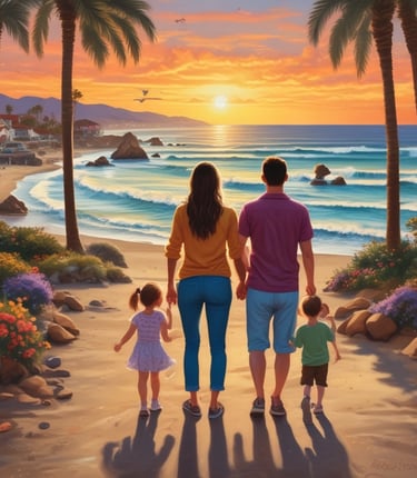 A joyful family enjoying a scenic California beach.