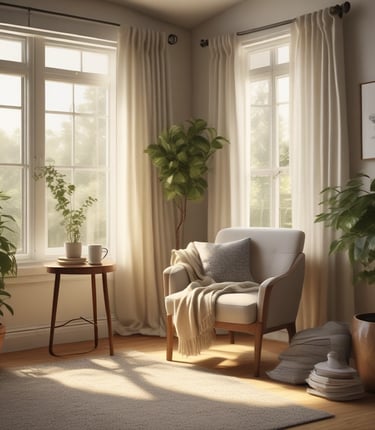 A cozy reading nook with soft pillows and warm lighting.