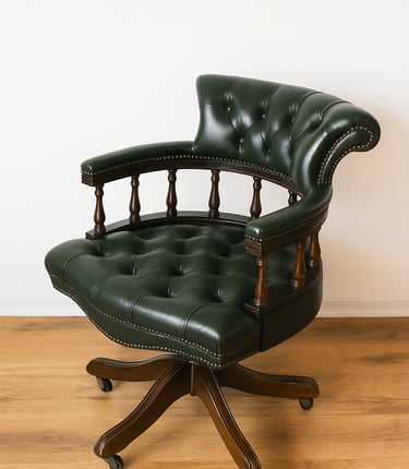 Green leather captain’s chair with wooden arms – vintage office chair