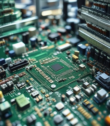 A close-up view of an industrial electronic component labeled with the brand Mitsubishi. The component is mounted in a white casing with several screws and connectors visible.